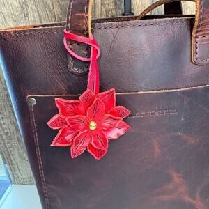 Poinsettia Leather Purse Charm Hand Painted FAST SHIP Leather Keychain Bag Flair